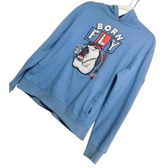 Born Fly Unisex Blue Hoodie Embroidered Polar Bear Cotton Pullover Sweatshirt XL - Picture 4 of 8